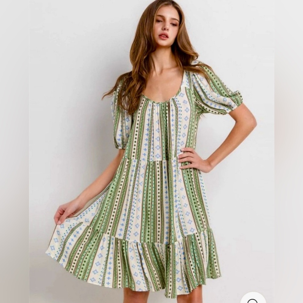 NEW! Green Striped Blue Accent Pattern Boho Flowy Tie Back Dress!